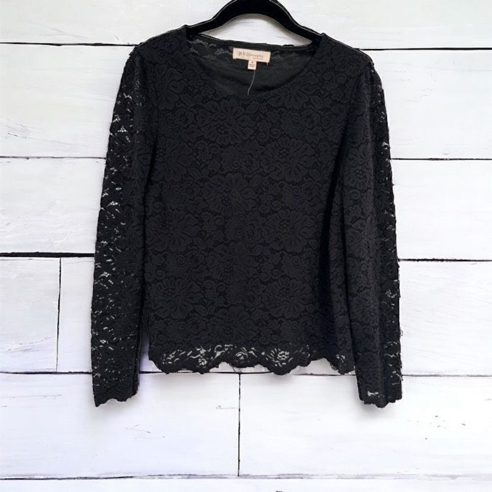 NWT Philosophy Women's Floral‎ Lace Lined Long Sleeve Blouse Black Size Small